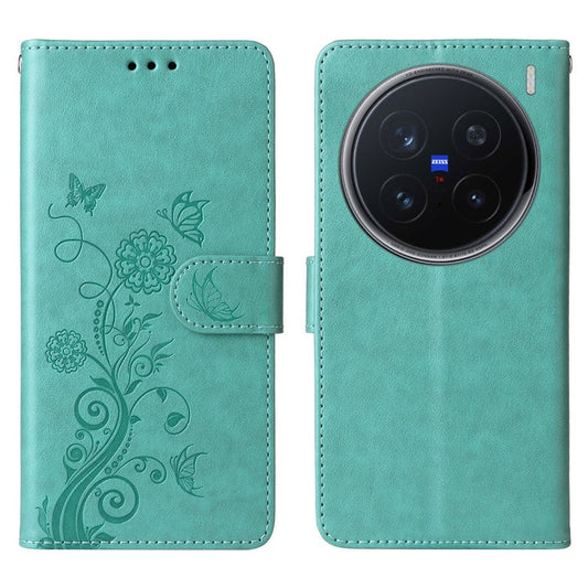 For vivo X200 Pro 5G Leather Case Butterfly Floral Imprint Wallet Stand Cover - Green