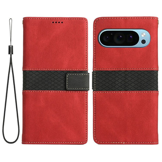 For Google Pixel 9 Pro / Pixel 9 Leather Case Grid Splicing Stand Wallet Phone Cover - Red