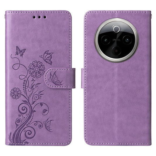 For vivo Y300 Pro 5G Leather Case Butterfly Floral Imprint Wallet Stand Cover - Purple