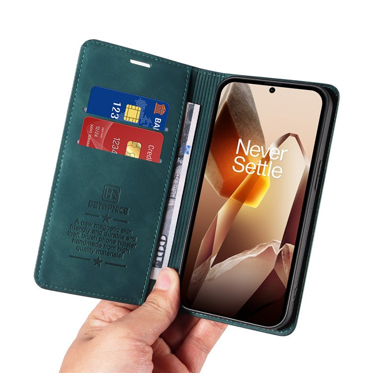 BETOPNICE 003 For OnePlus 13 Wallet Case Leather Phone Cover with Stand - Green