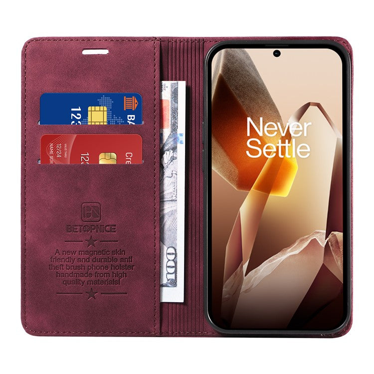 BETOPNICE 003 For OnePlus 13 Wallet Case Leather Phone Cover with Stand - Red