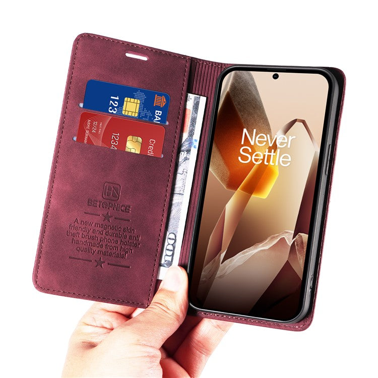 BETOPNICE 003 For OnePlus 13 Wallet Case Leather Phone Cover with Stand - Red