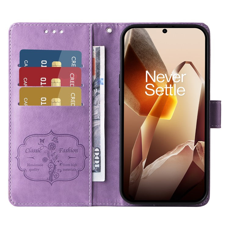 For OnePlus 13 Leather Case Butterfly Floral Imprint Wallet Stand Cover - Purple