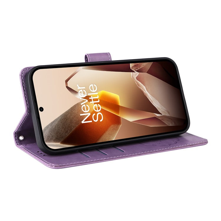 For OnePlus 13 Leather Case Butterfly Floral Imprint Wallet Stand Cover - Purple