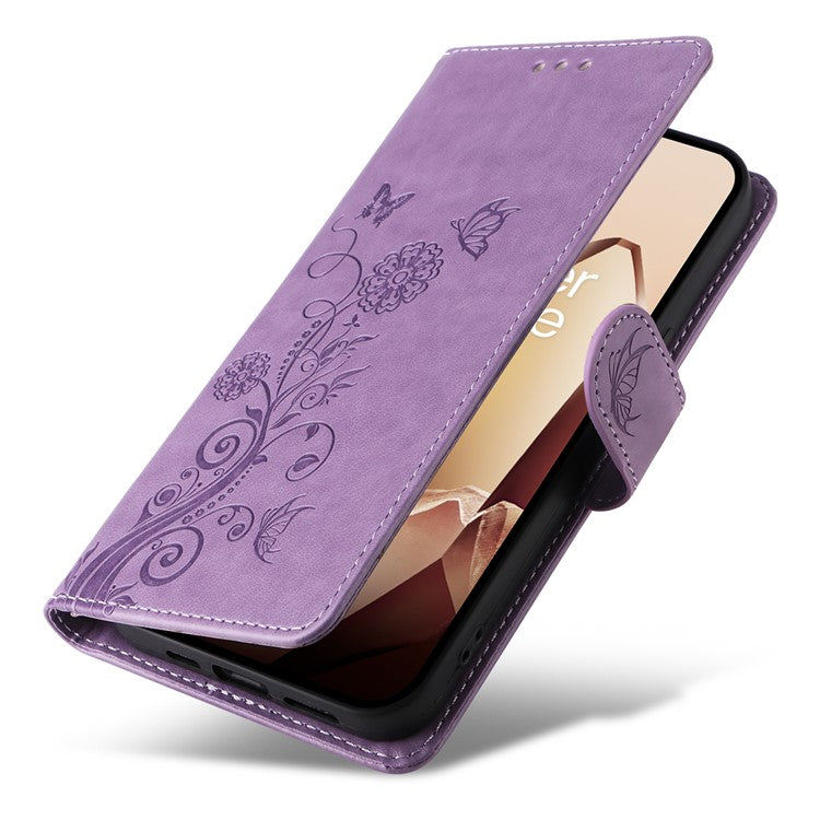 For OnePlus 13 Leather Case Butterfly Floral Imprint Wallet Stand Cover - Purple