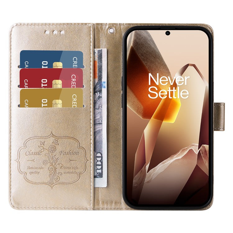 For OnePlus 13 Leather Case Butterfly Floral Imprint Wallet Stand Cover - Gold