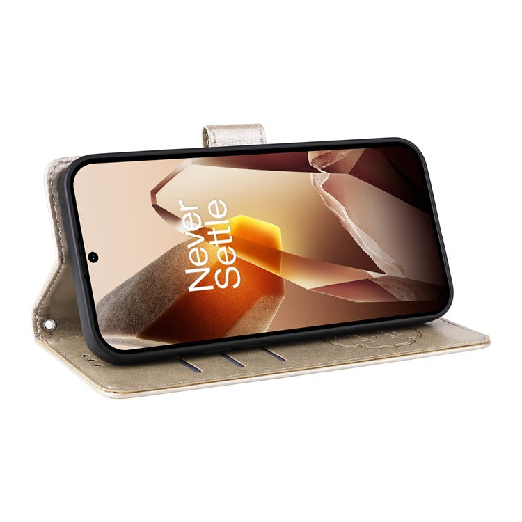For OnePlus 13 Leather Case Butterfly Floral Imprint Wallet Stand Cover - Gold
