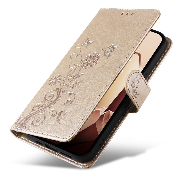 For OnePlus 13 Leather Case Butterfly Floral Imprint Wallet Stand Cover - Gold