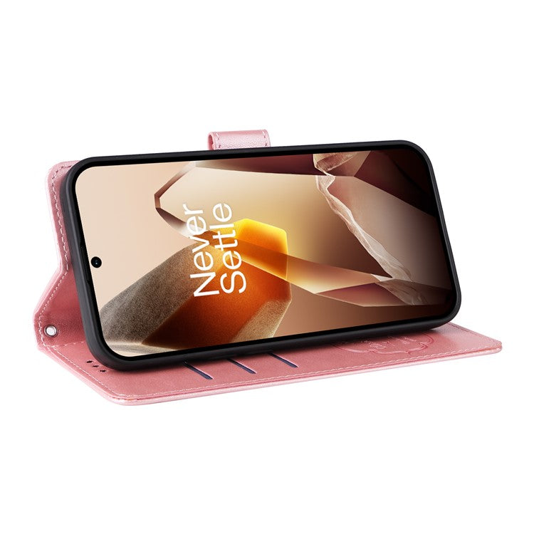 For OnePlus 13 Leather Case Butterfly Floral Imprint Wallet Stand Cover - Pink