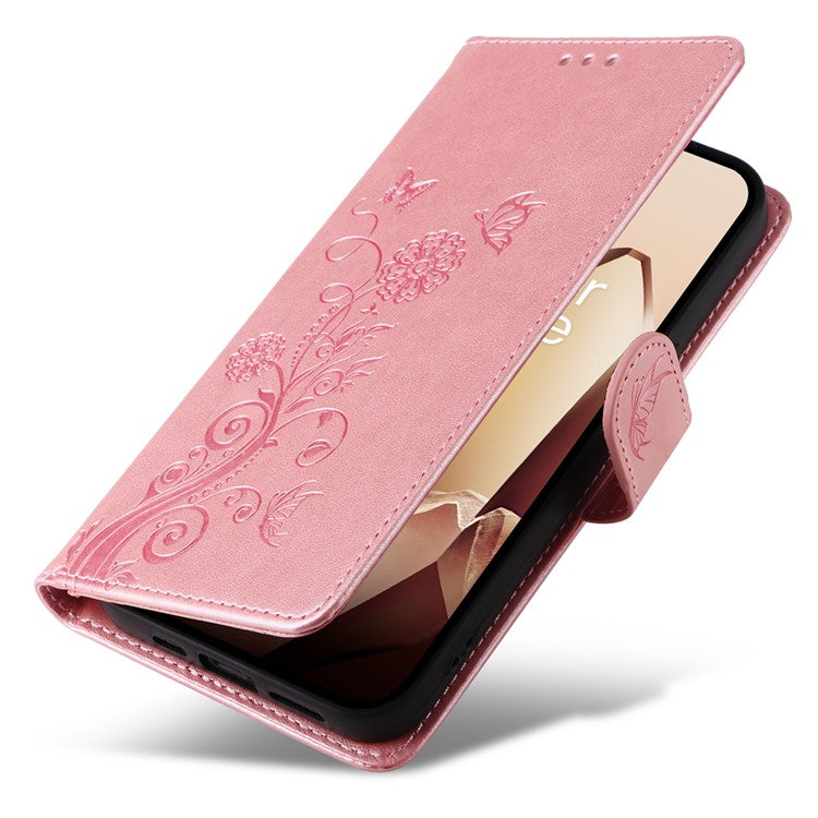 For OnePlus 13 Leather Case Butterfly Floral Imprint Wallet Stand Cover - Pink