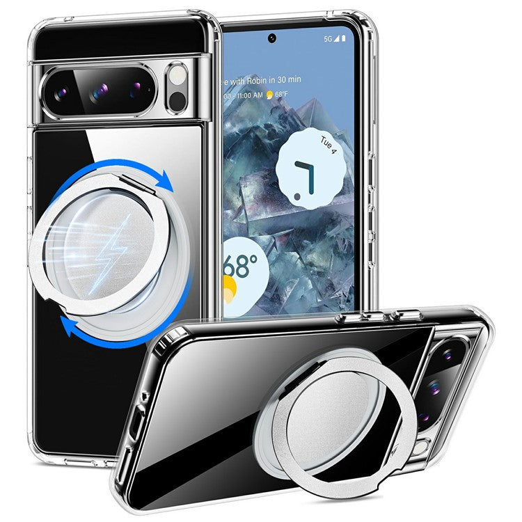 For Google Pixel 8 Pro Magnetic Case Rotary Kickstand TPU PC Clear Phone Back Cover