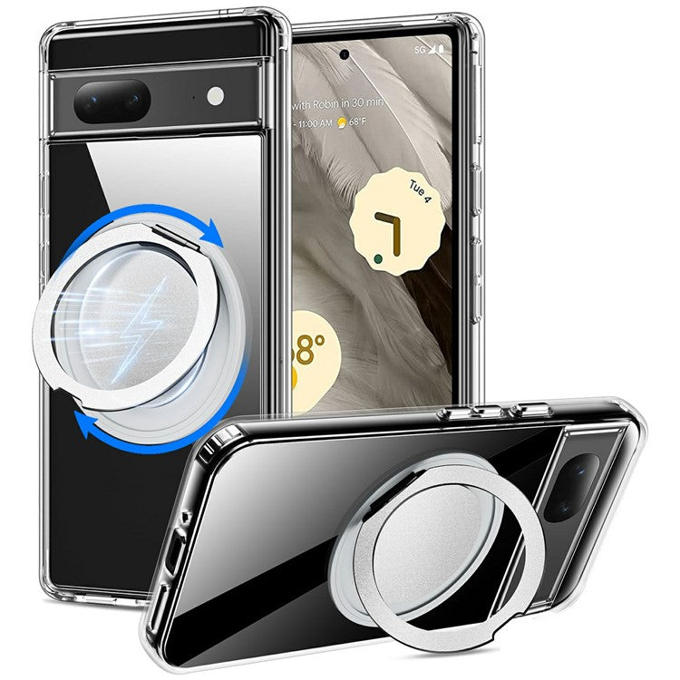 For Google Pixel 7 5G Magnetic Case Rotary Kickstand TPU PC Clear Phone Back Cover