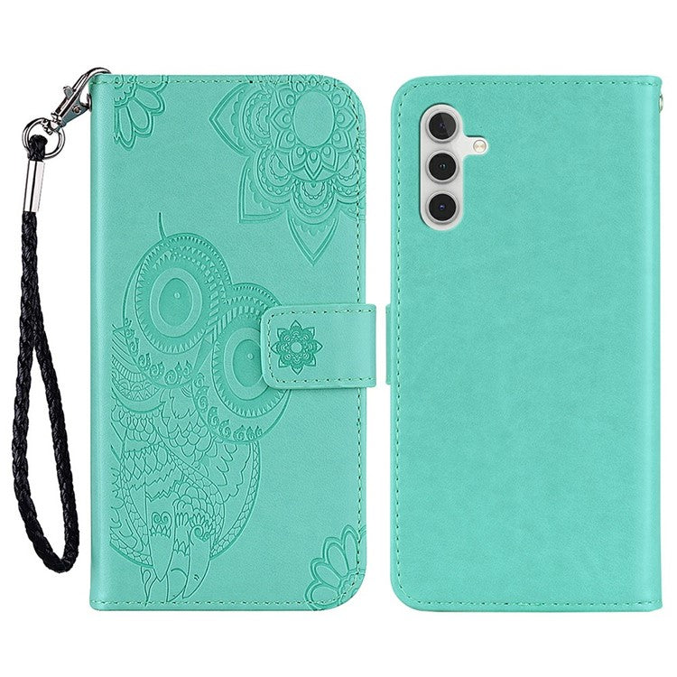 For Samsung Galaxy S25 Case Owl Flower Imprinted Leather Cover Wallet with Strap - Cyan