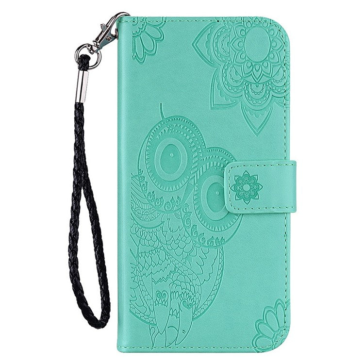 For Samsung Galaxy S25 Case Owl Flower Imprinted Leather Cover Wallet with Strap - Cyan