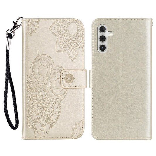 For Samsung Galaxy A56 5G Case Owl Flower Imprinted Leather Cover Wallet with Strap - Gold