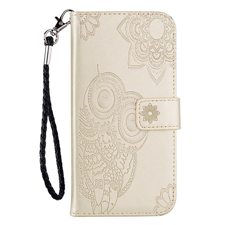 For Samsung Galaxy A56 5G Case Owl Flower Imprinted Leather Cover Wallet with Strap - Gold