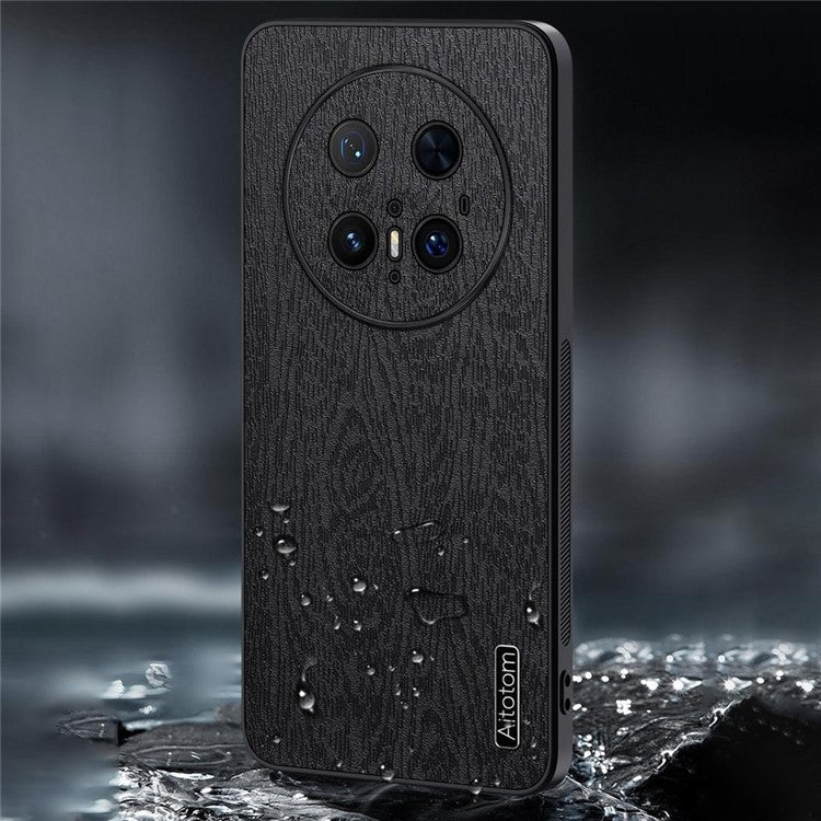 For Huawei Mate 70 Pro+ / Mate 70 Pro Case Wood Texture PU Leather Coated PC TPU Phone Cover - Black
