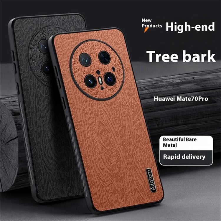 For Huawei Mate 70 Pro+ / Mate 70 Pro Case Wood Texture PU Leather Coated PC TPU Phone Cover - Grey