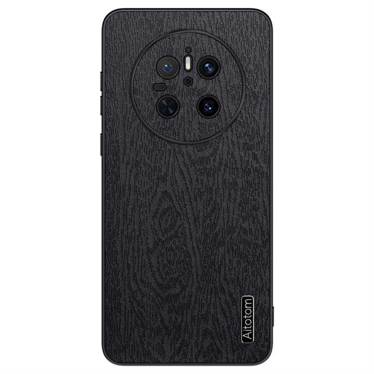 For Huawei Mate 70 Case Wood Texture PU Leather Coated PC TPU Phone Cover - Black