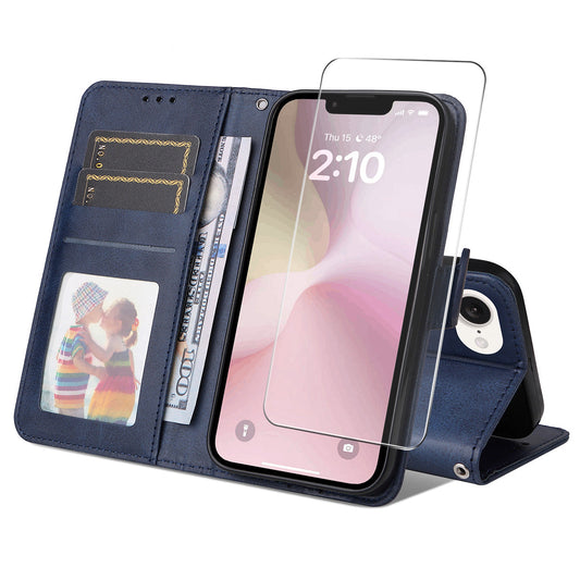 For iPhone 16e PU Leather Wallet Case ENKAY Phone Stand Cover with Tempered Glass Film - Blue
