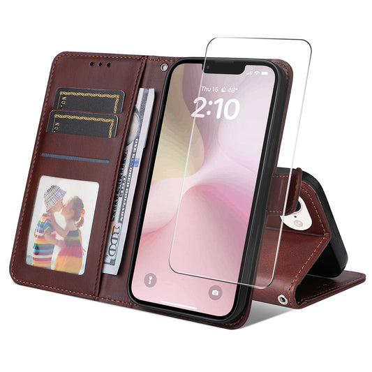 For iPhone 16e PU Leather Wallet Case ENKAY Phone Stand Cover with Tempered Glass Film - Brown