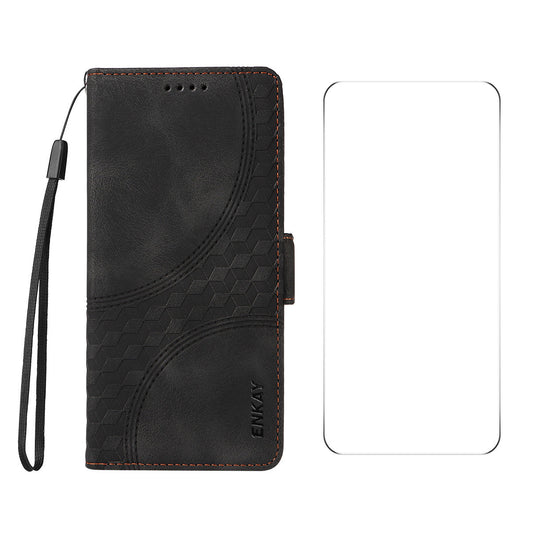 For iPhone SE (2025) Wallet Case ENKAY Imprint PU Leather Phone Stand Cover with Tempered Glass - Black