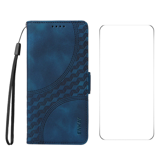 For iPhone SE (2025) Wallet Case ENKAY Imprint PU Leather Phone Stand Cover with Tempered Glass - Blue