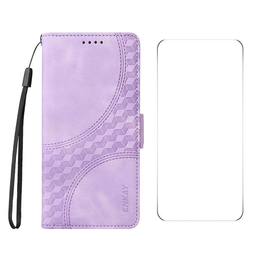 For iPhone SE (2025) Wallet Case ENKAY Imprint PU Leather Phone Stand Cover with Tempered Glass - Purple