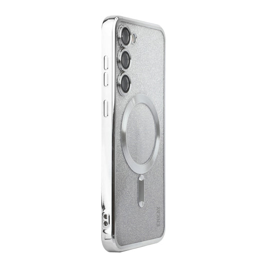 For Samsung Galaxy S25+ Case ENAKY HAT PRINCE TPU Cover Compatible with MagSafe with Glitter Paper - Silver