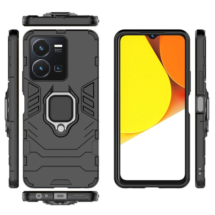 For vivo Y35 4G (2022) Phone Case Ring Holder Kickstand Hybrid Hard PC Soft TPU Shockproof Protective Cover - Black