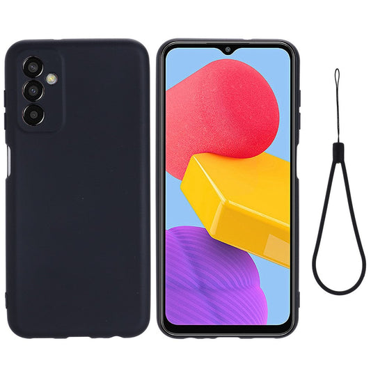 For Samsung Galaxy M13 4G Mobile Phone Case Liquid Silicone Anti-scratch Cell Phone Shell Cover with Strap - Black