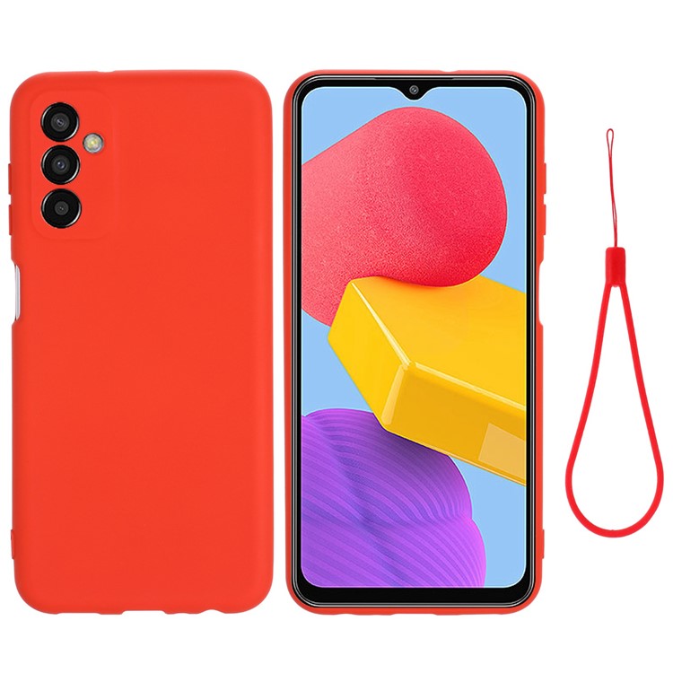 For Samsung Galaxy M13 4G Mobile Phone Case Liquid Silicone Anti-scratch Cell Phone Shell Cover with Strap - Red