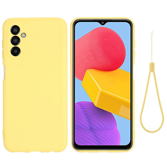 For Samsung Galaxy M13 4G Mobile Phone Case Liquid Silicone Anti-scratch Cell Phone Shell Cover with Strap - Yellow