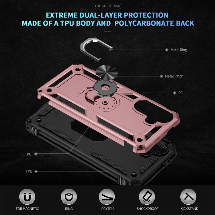 For Samsung Galaxy A36 5G Case PC+TPU Phone Cover with Rotary Ring Kickstand - Rose Gold