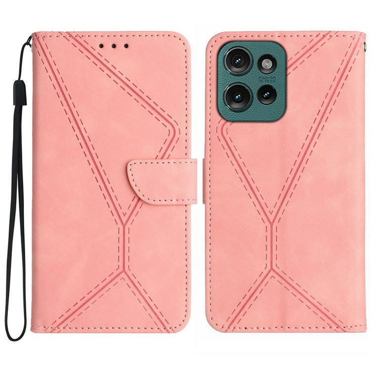 For Motorola Moto G 5G (2025) Case Skin-Touch Lines PU Leather Flip Phone Cover - Pink