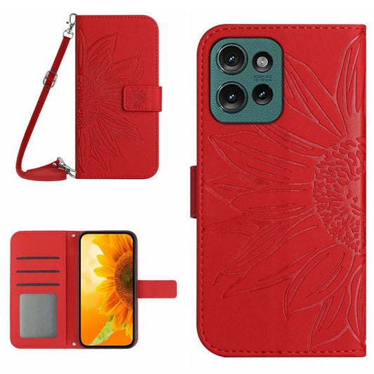 For Motorola Moto G 5G (2025) Case Sunflower Imprint PU Leather Phone Cover with Long Strap - Red
