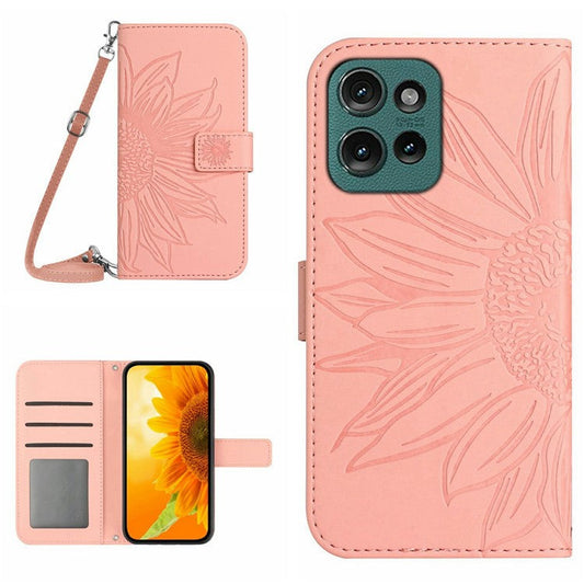 For Motorola Moto G 5G (2025) Case Sunflower Imprint PU Leather Phone Cover with Long Strap - Pink