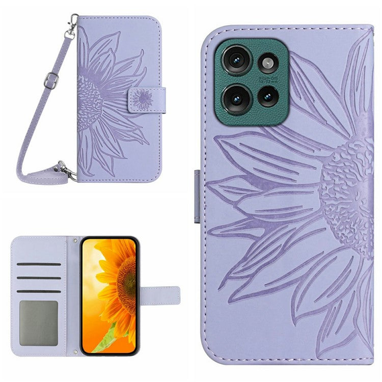 For Motorola Moto G 5G (2025) Case Sunflower Imprint PU Leather Phone Cover with Long Strap - Light Purple