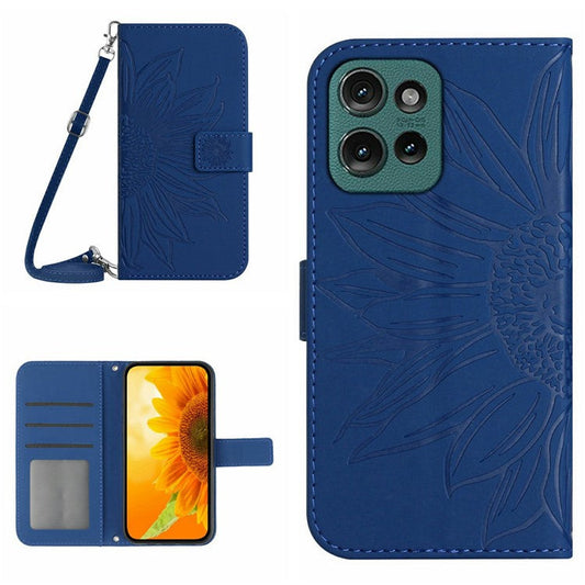 For Motorola Moto G 5G (2025) Case Sunflower Imprint PU Leather Phone Cover with Long Strap - Sapphire