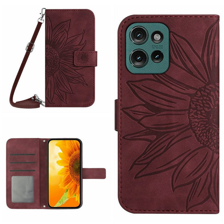 For Motorola Moto G 5G (2025) Case Sunflower Imprint PU Leather Phone Cover with Long Strap - Wine Red