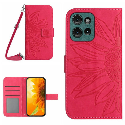 For Motorola Moto G 5G (2025) Case Sunflower Imprint PU Leather Phone Cover with Long Strap - Rose