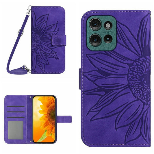 For Motorola Moto G 5G (2025) Case Sunflower Imprint PU Leather Phone Cover with Long Strap - Dark Purple