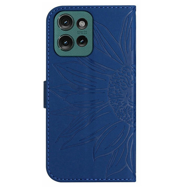 For Motorola Moto G 5G (2025) Case Sunflower Imprint Leather Wallet Phone Cover with Wrist Strap - Sapphire
