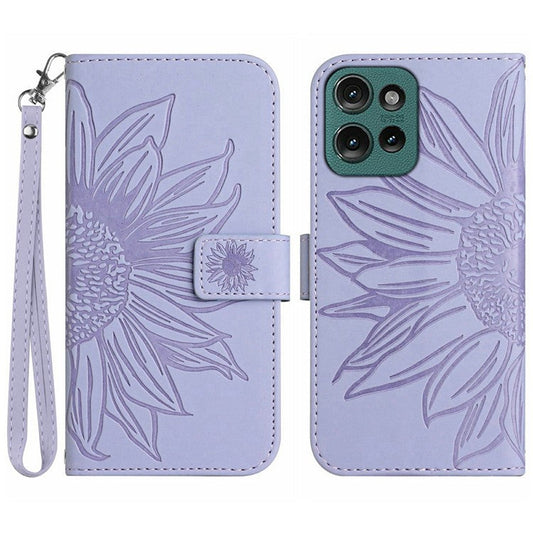 For Motorola Moto G 5G (2025) Case Sunflower Imprint Leather Wallet Phone Cover with Wrist Strap - Light Purple