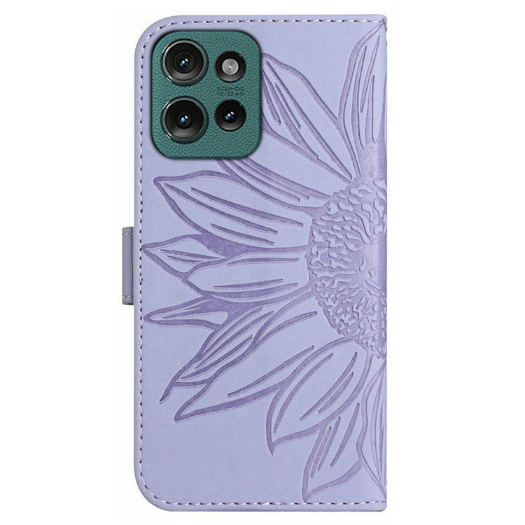 For Motorola Moto G 5G (2025) Case Sunflower Imprint Leather Wallet Phone Cover with Wrist Strap - Light Purple