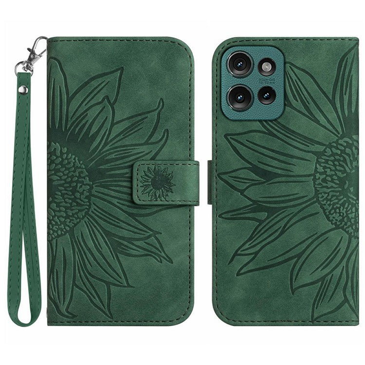 For Motorola Moto G 5G (2025) Case Sunflower Imprint Leather Wallet Phone Cover with Wrist Strap - Blackish Green