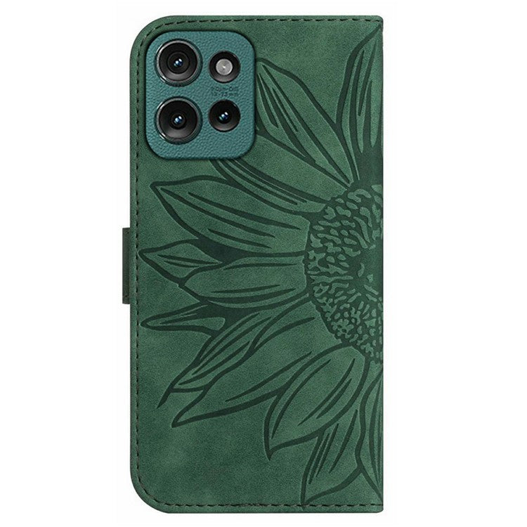 For Motorola Moto G 5G (2025) Case Sunflower Imprint Leather Wallet Phone Cover with Wrist Strap - Blackish Green