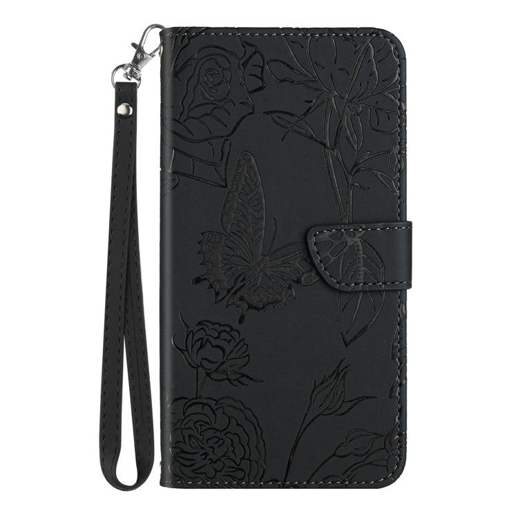 For Motorola Moto G 5G (2025) Case Leather Phone Cover with Strap, Butterfly Flower Imprint - Black