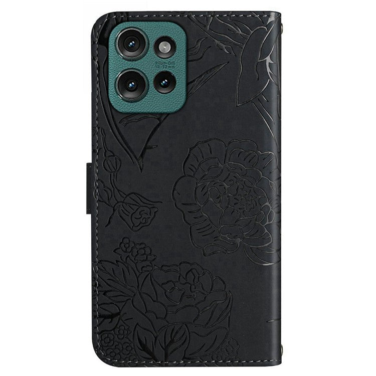 For Motorola Moto G 5G (2025) Case Leather Phone Cover with Strap, Butterfly Flower Imprint - Black