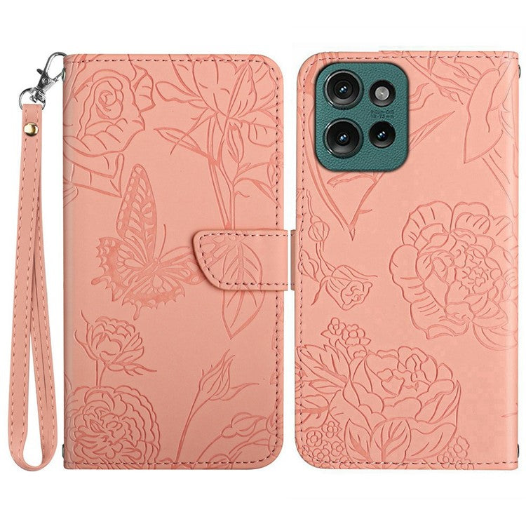 For Motorola Moto G 5G (2025) Case Leather Phone Cover with Strap, Butterfly Flower Imprint - Pink